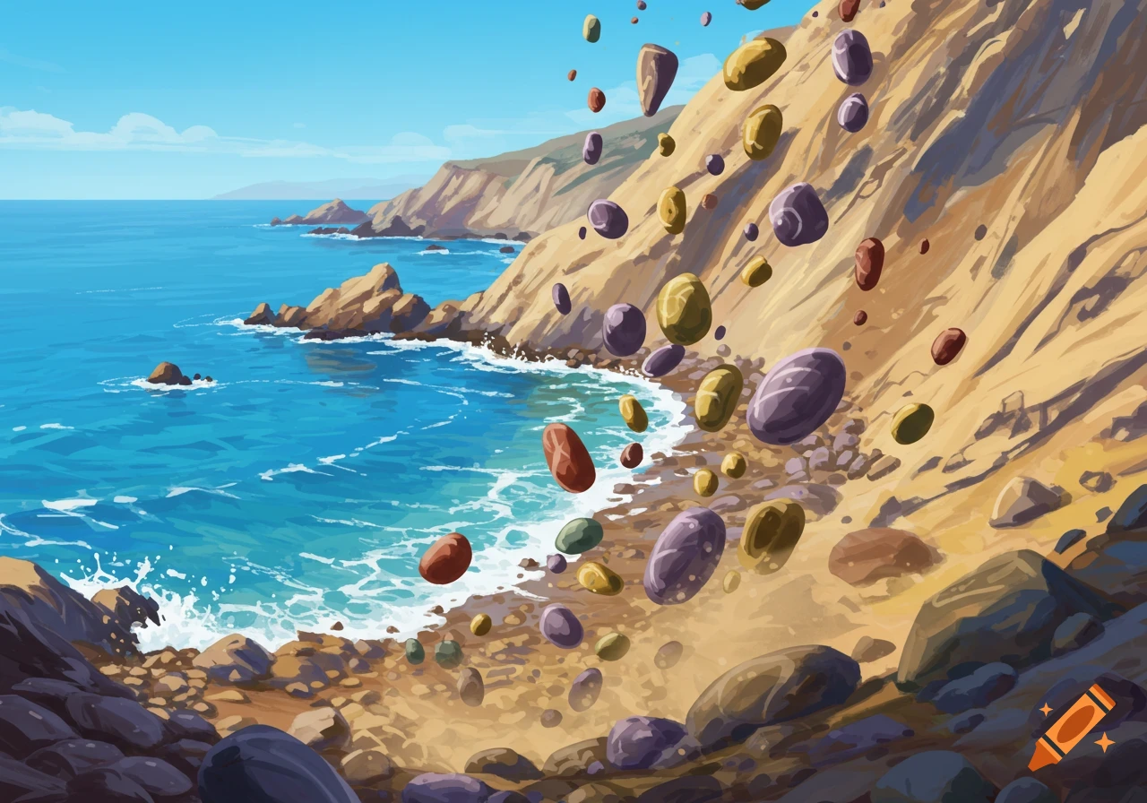 A stylized illustration of rocks falling down a steep, sandy cliff towards a blue ocean with white waves.