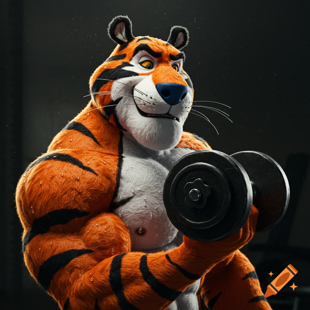 Tony the Tiger working out and lifting a dumbbell in a gym.