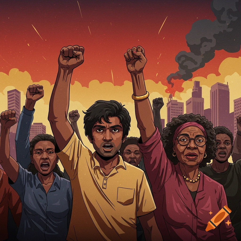 Illustration of a diverse group of people raising fists in protest against a city skyline with smoke.