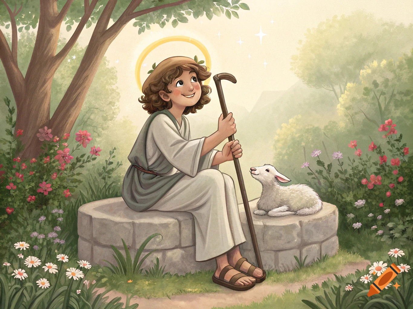 A young boy with a halo sits on a well with a lamb, holding a staff in a garden illustration.