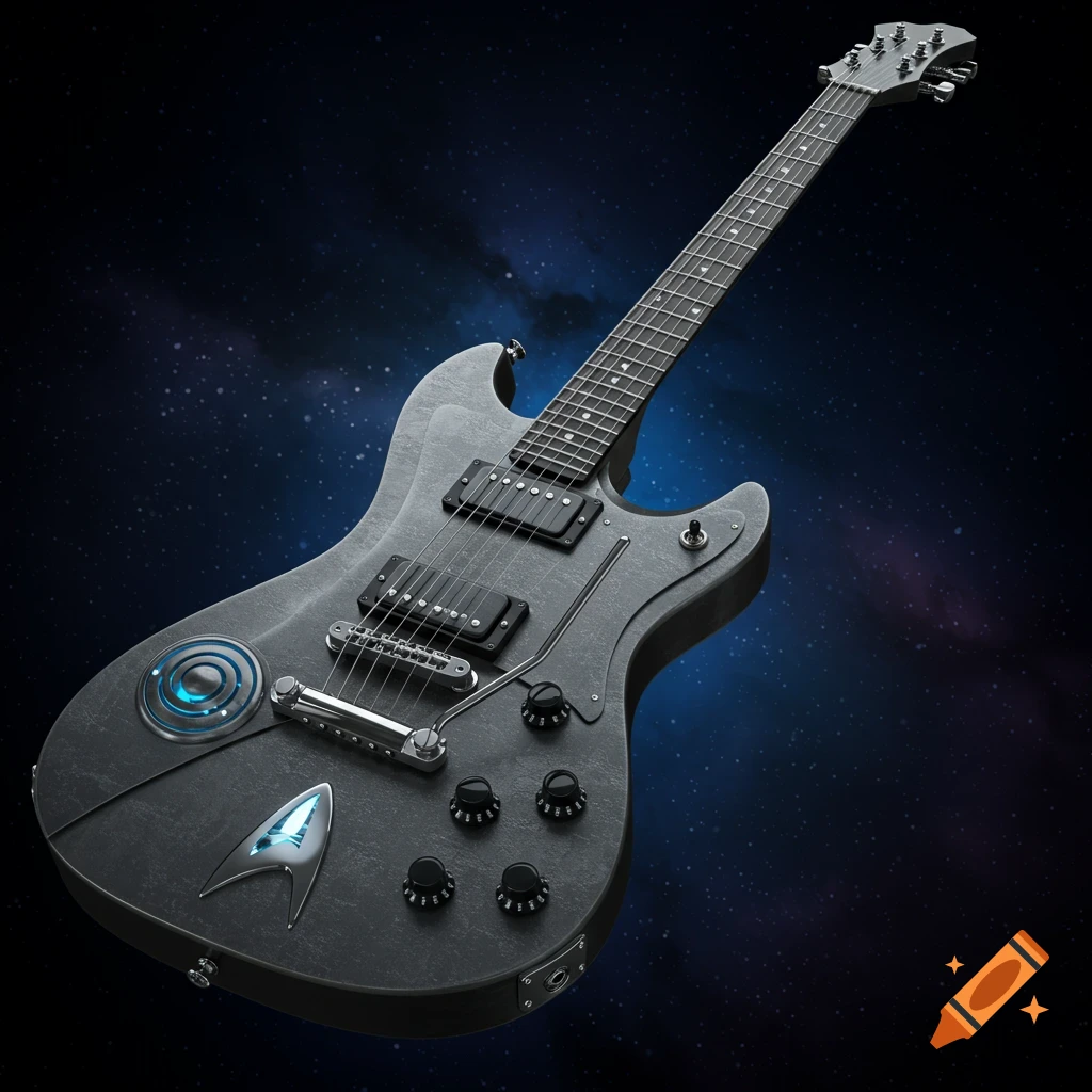 A grey guitar with Star Trek symbols floats in space.
