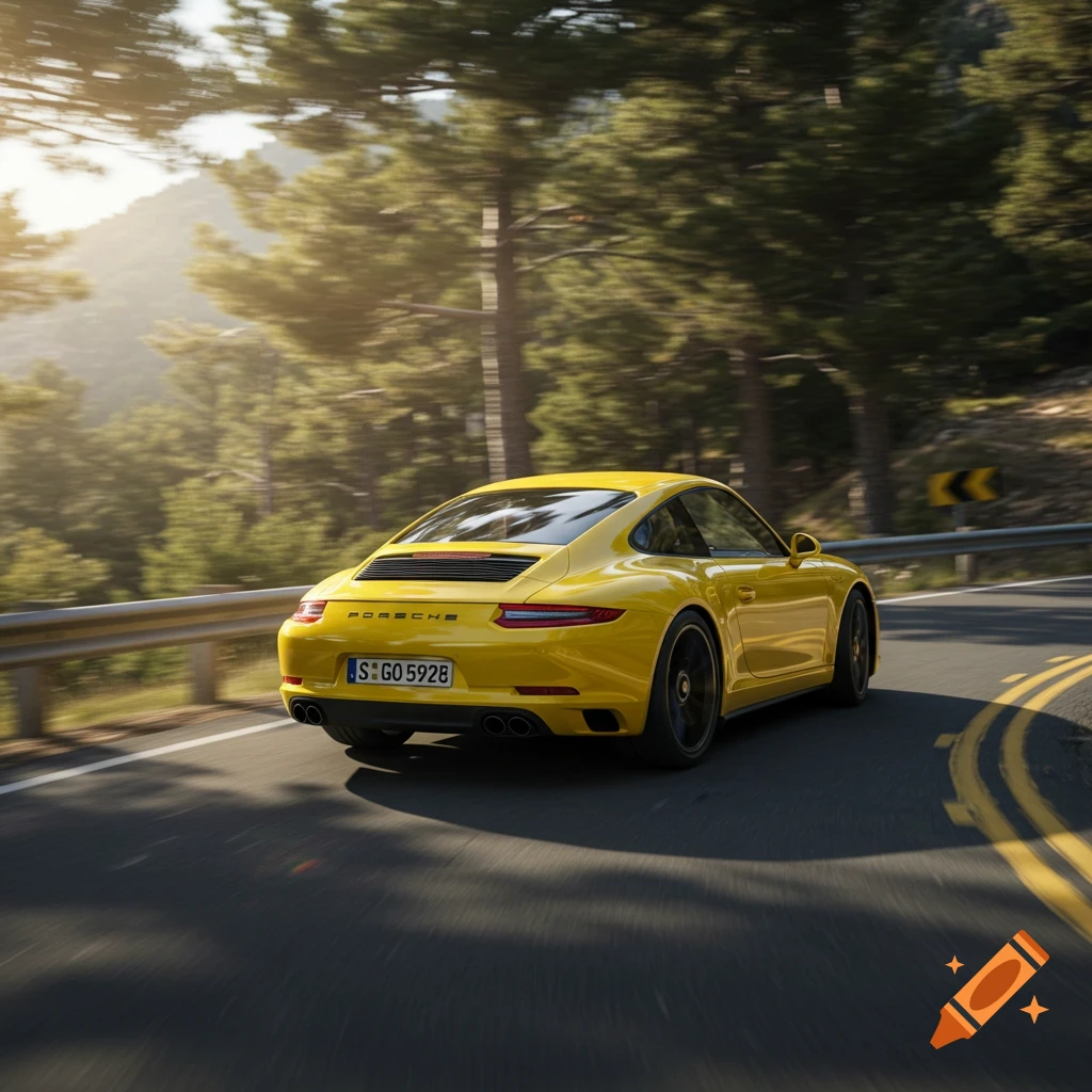 Yellow Porsche 911 on a sunny mountain road, photorealistic