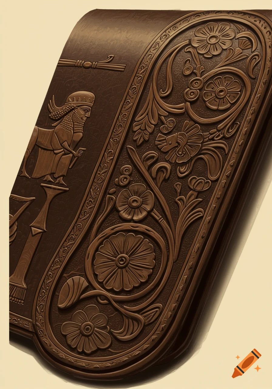 Close-up of a brown leather or wood surface with detailed ancient-style engraving featuring a figure and floral patterns.