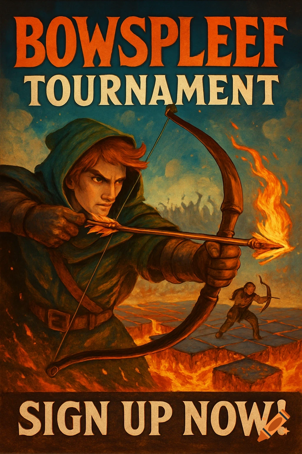 Fantasy tournament poster featuring an archer with a flaming arrow and event text.