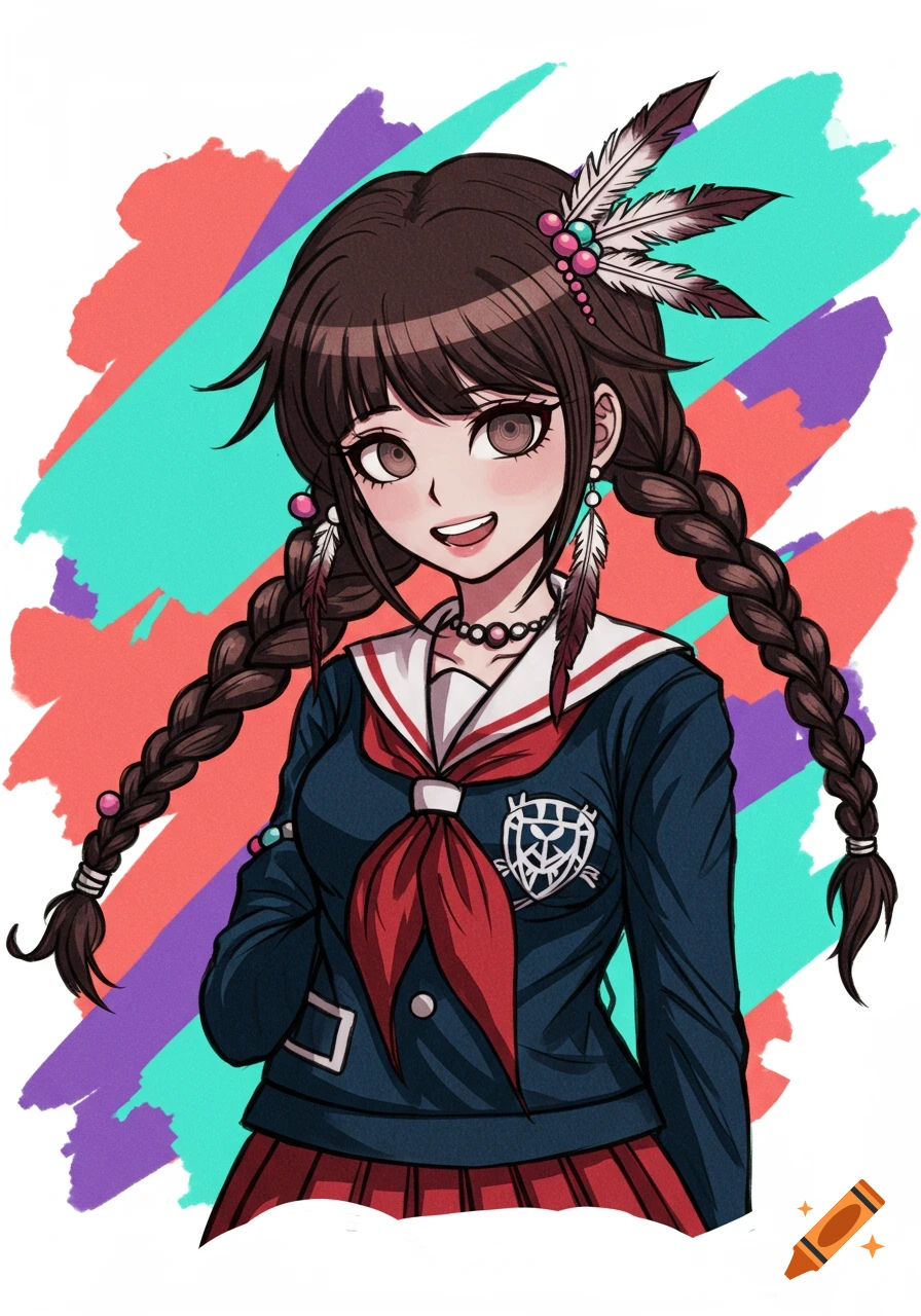 Anime illustration of a girl with braids, feathers, and beads in a school uniform