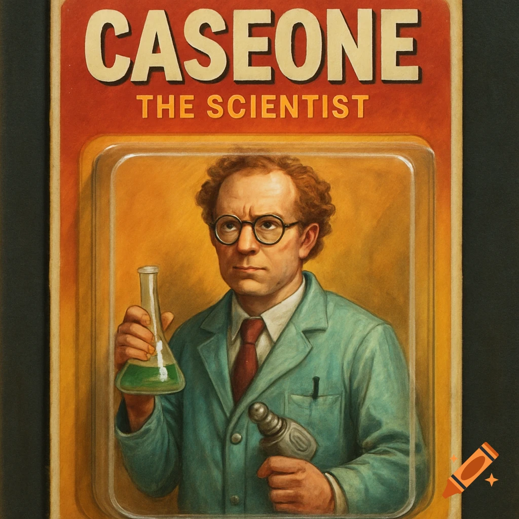 A man in a lab coat holding a beaker, packaged like a retro action figure toy.