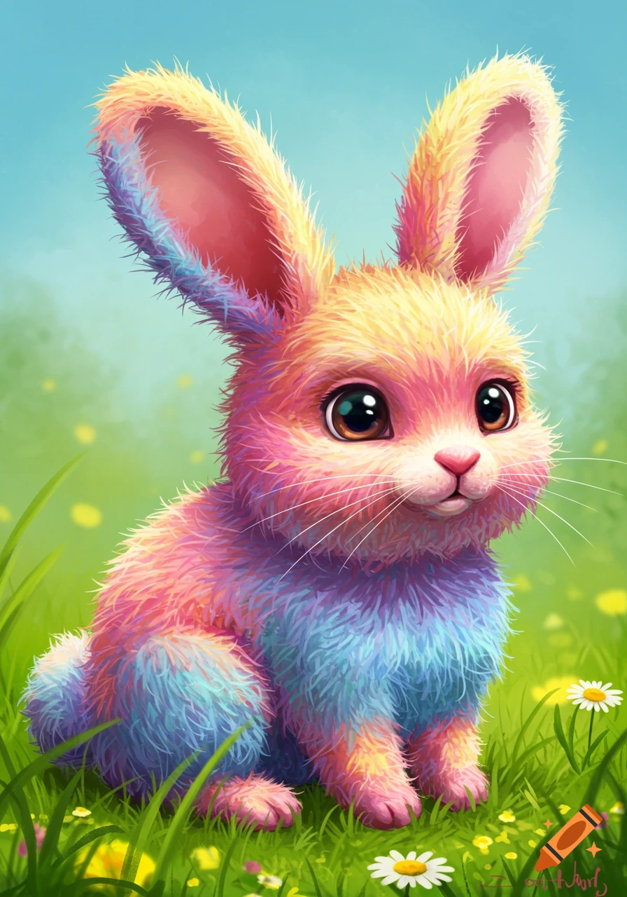 A fluffy, rainbow-colored rabbit sits in a grassy field.