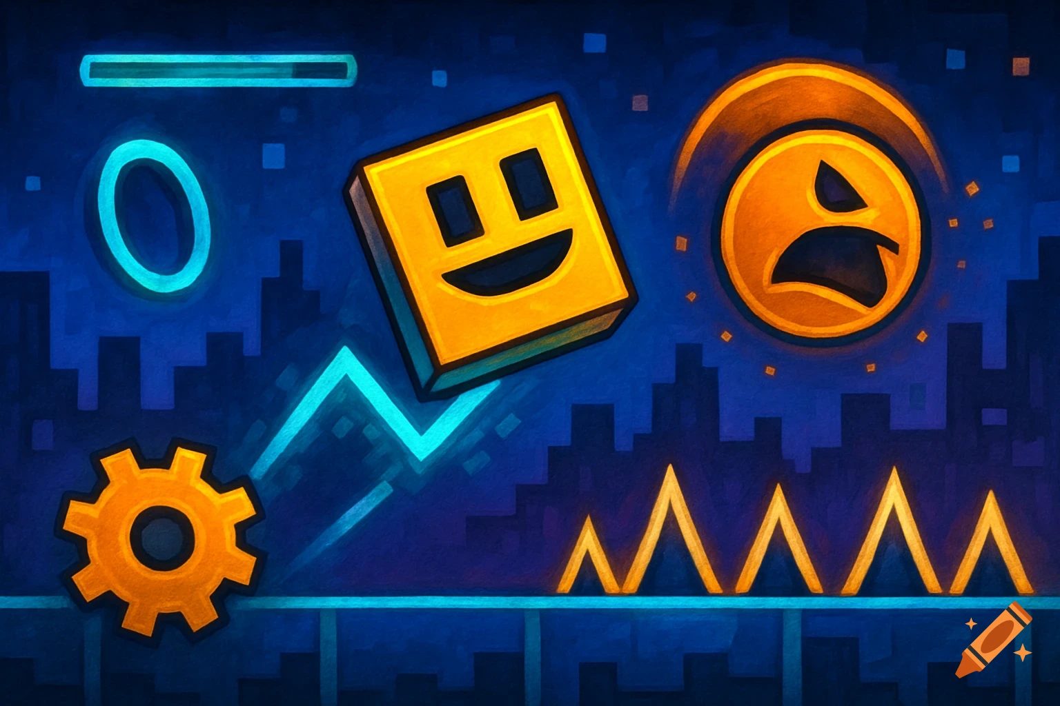 Stylized illustration of geometric shapes and icons from Geometry Dash including a yellow cube and orange circle character.