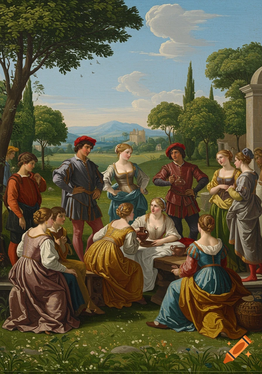 A classical painting depicts a group of people in historical clothing gathered in a garden.