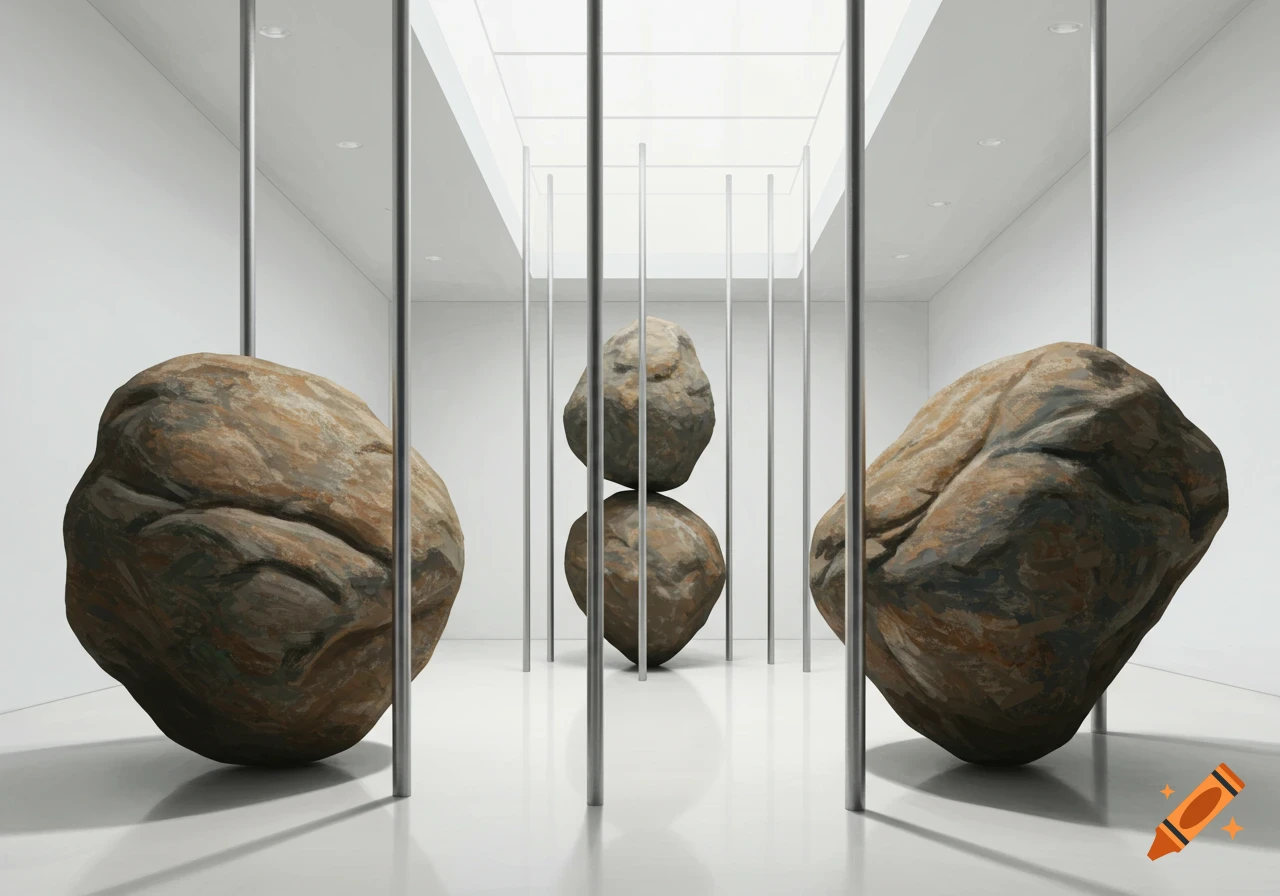 Large rocks supported by metal rods in a brightly lit art gallery.