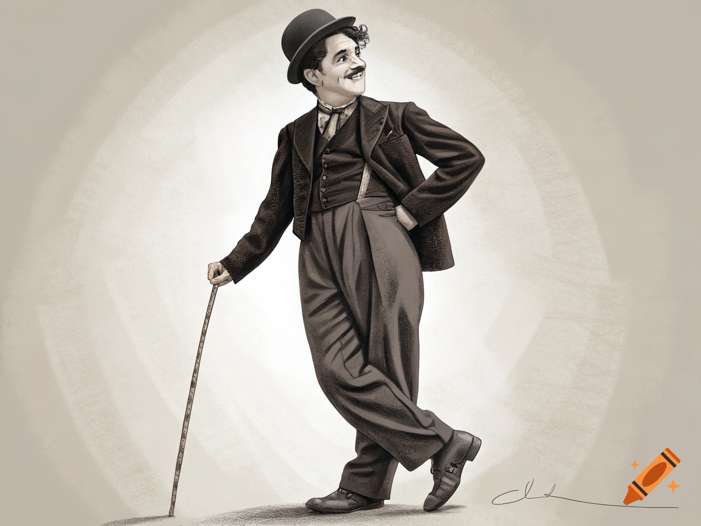 Illustration of Charlie Chaplin in his tramp costume, leaning on a cane.