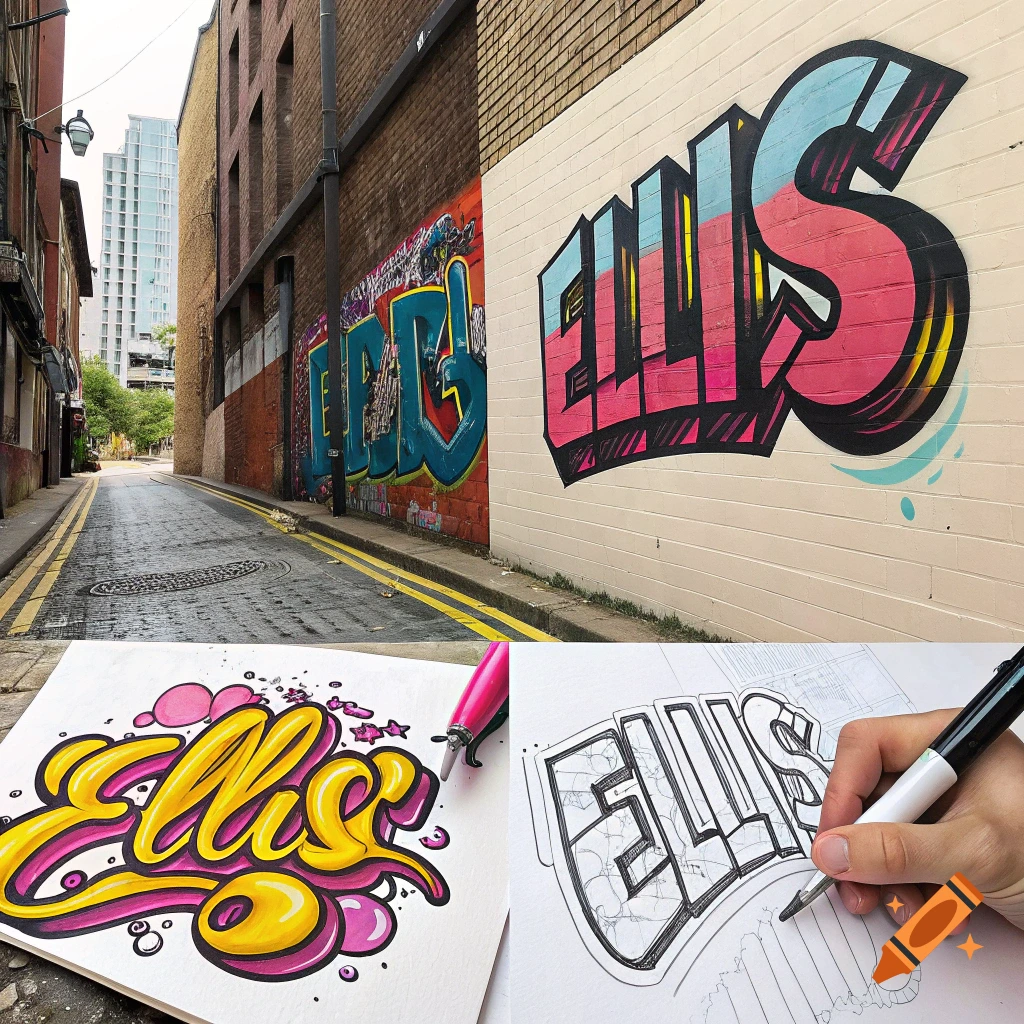 Four panel collage: street scene with graffiti, close-up of ELLIS graffiti, marker sketch, hand sketching text.