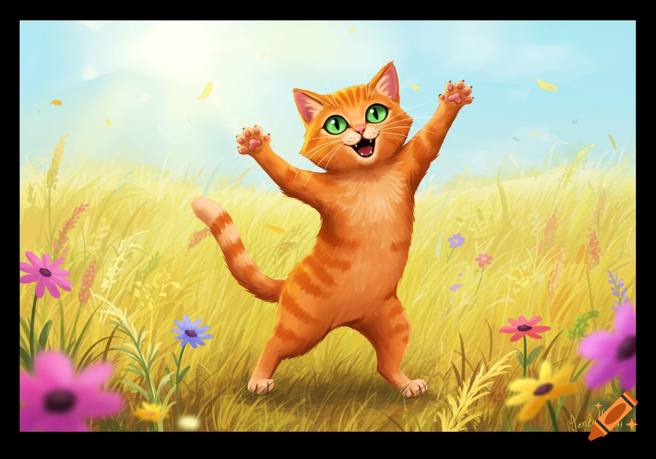 A cartoon orange tabby cat with green eyes dances happily in a sunny ...
