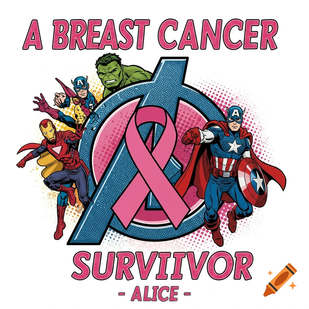 Cartoon of Avengers heroes around a pink breast cancer ribbon with text 'A BREAST CANCER SURVIIVOR - ALICE -'