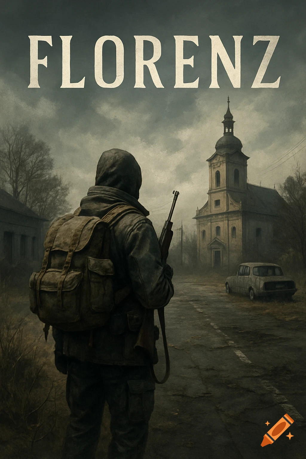 Person with rifle and backpack walks towards church and car in a desolate town. Text FLORENZ.