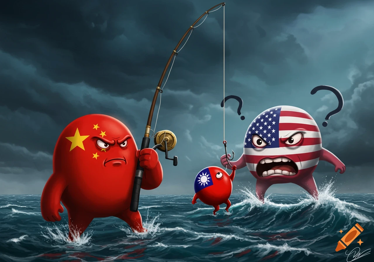 Cartoon China fishes with Taiwan on hook, cartoon USA reacts in stormy sea