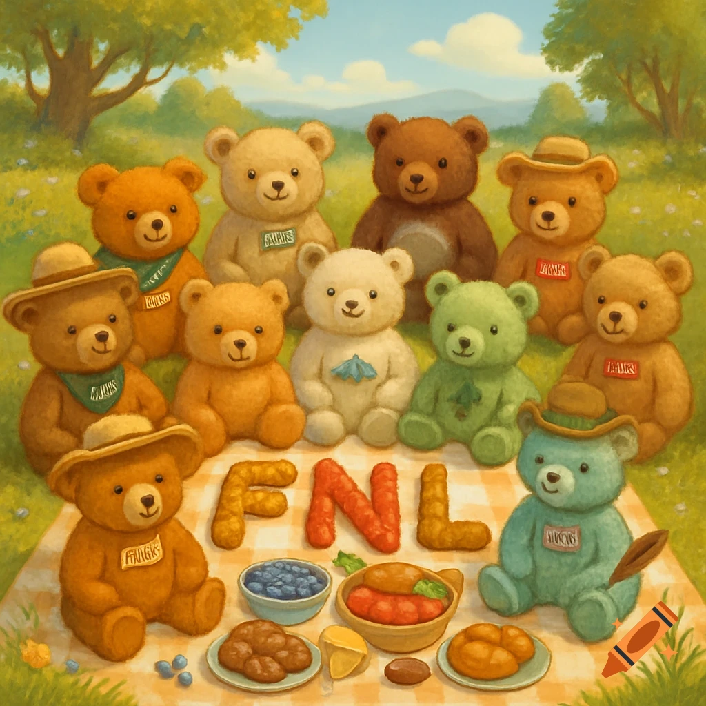 Illustration of teddy bears having a picnic with food spelling FNL.
