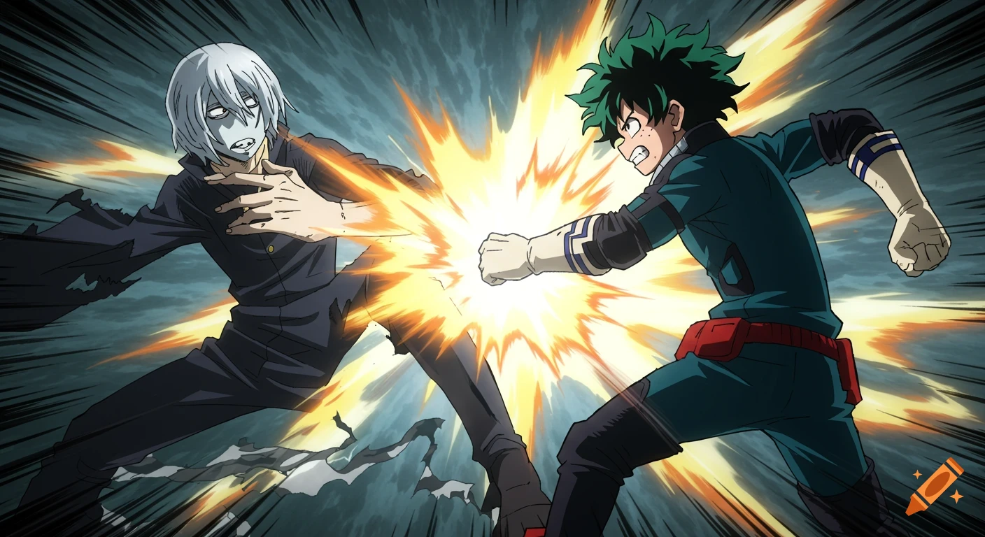 Anime scene of Deku punching Shigaraki, causing a large energy blast.