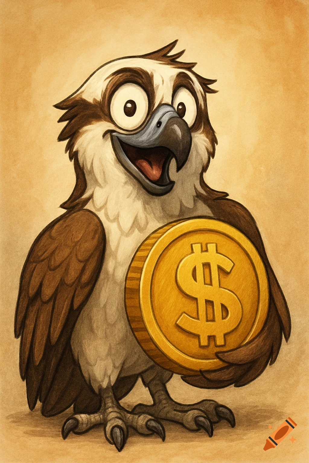 Cartoon osprey holding a large gold dollar coin