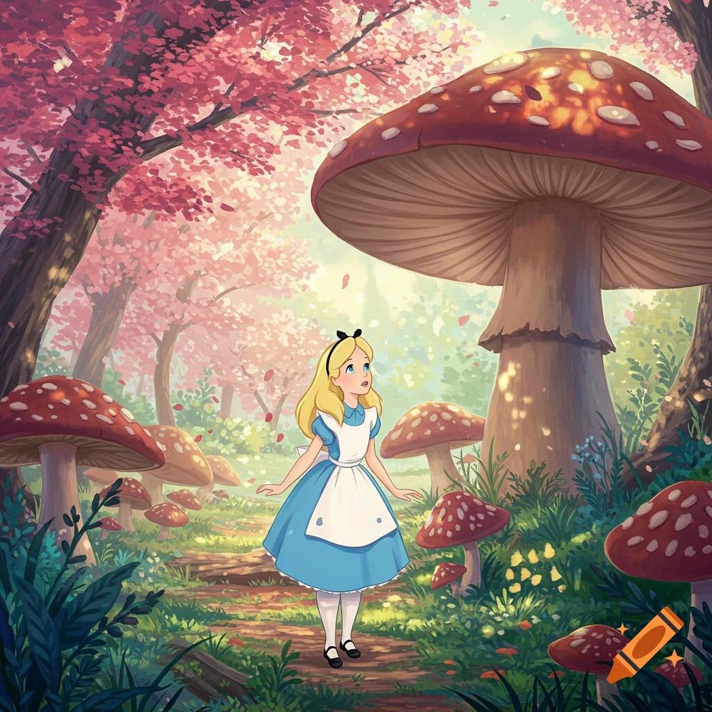 Alice stands in a vibrant fantasy forest filled with giant mushrooms and pink trees in a soft anime style.