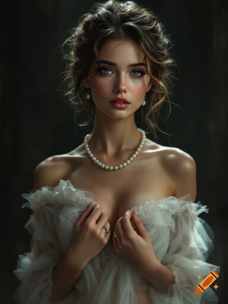 A beautiful woman with green eyes and a pearl necklace in a white ruffled dress against a dark background.