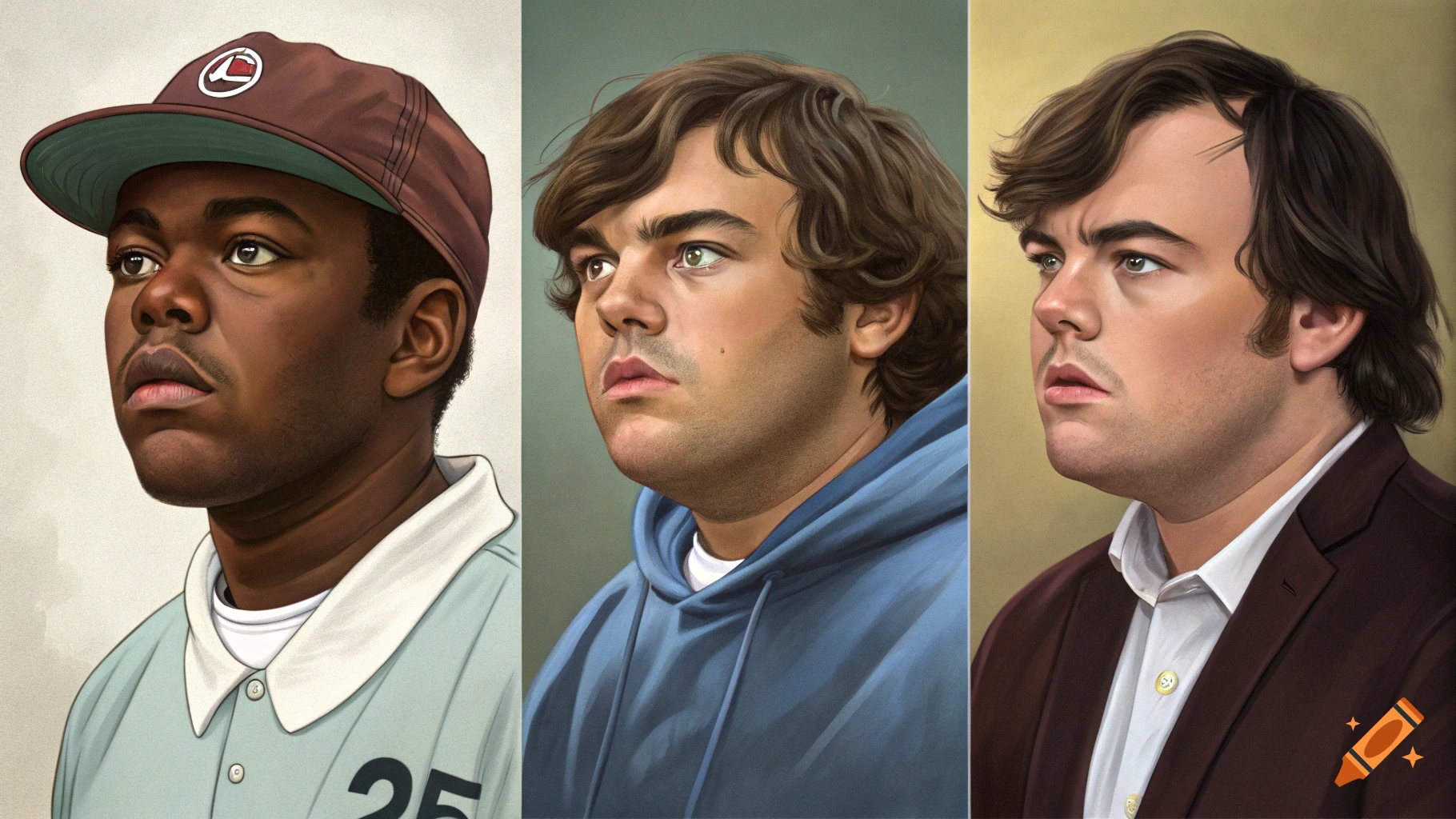 Three portraits of men in different clothing looking to the left.