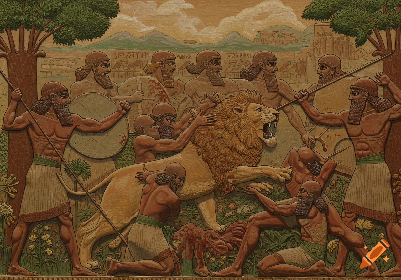 Stylized depiction of Assyrian men hunting a lion with spears and shields, resembling an ancient relief.