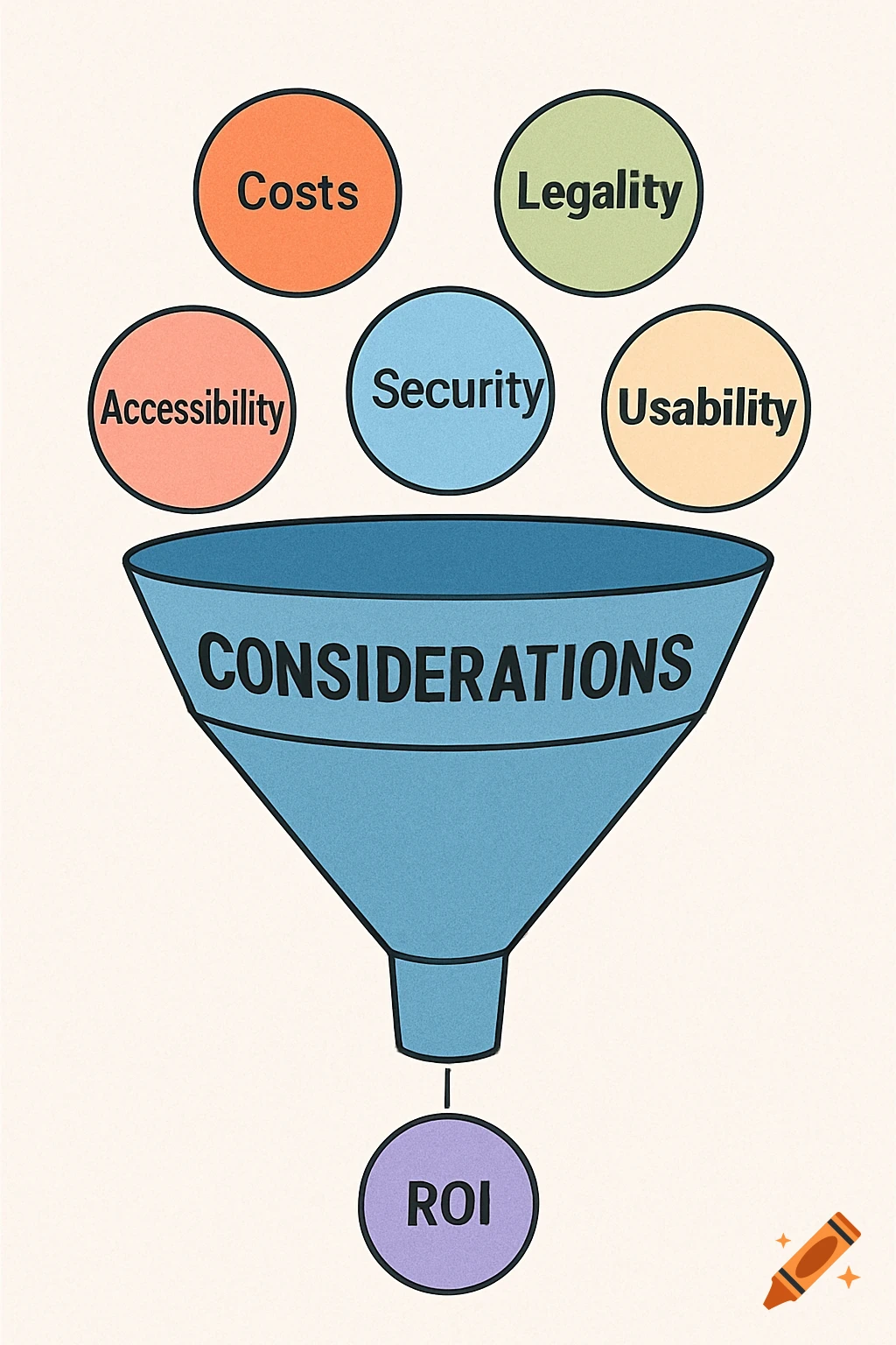Diagram of a funnel labeled Considerations with inputs Costs, Legality, Security, Accessibility, Usability flowing to output ROI.