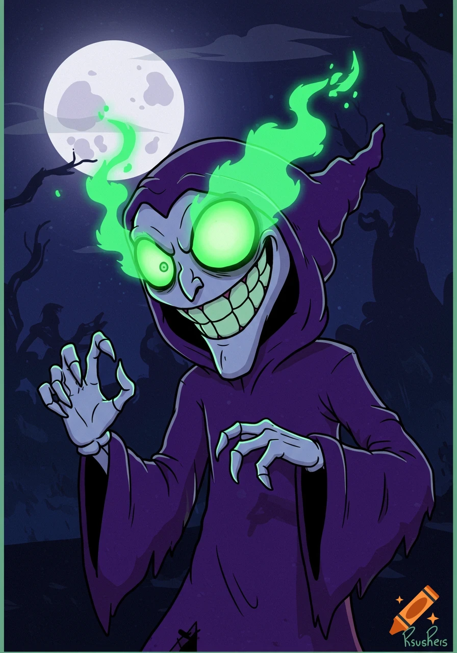 Spooky cartoon character with glowing green eyes and purple robe under a full moon.