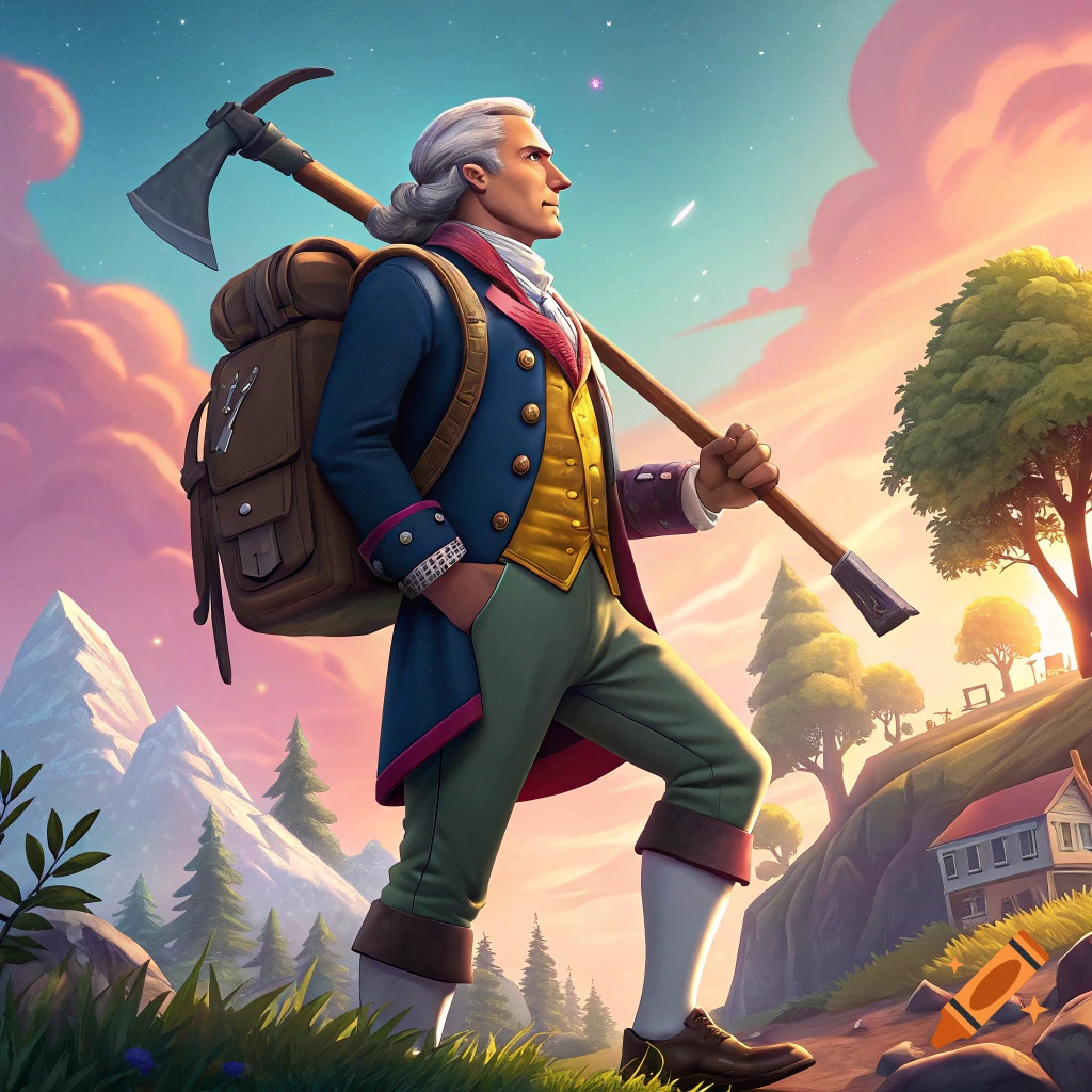 Stylized historical figure hiking in a mountain landscape with an axe and backpack at sunset.