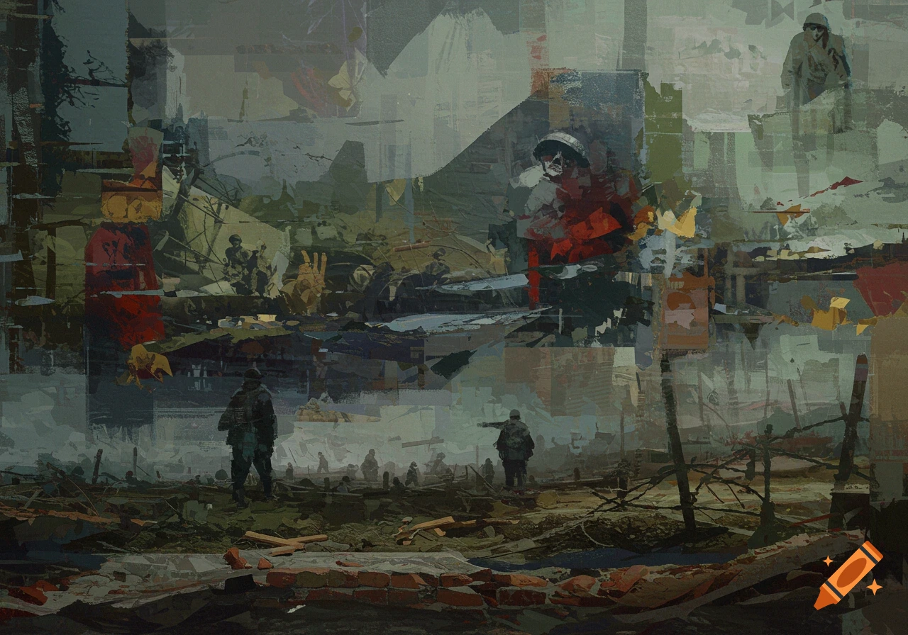 Mixed media collage of soldiers in a ruined warzone