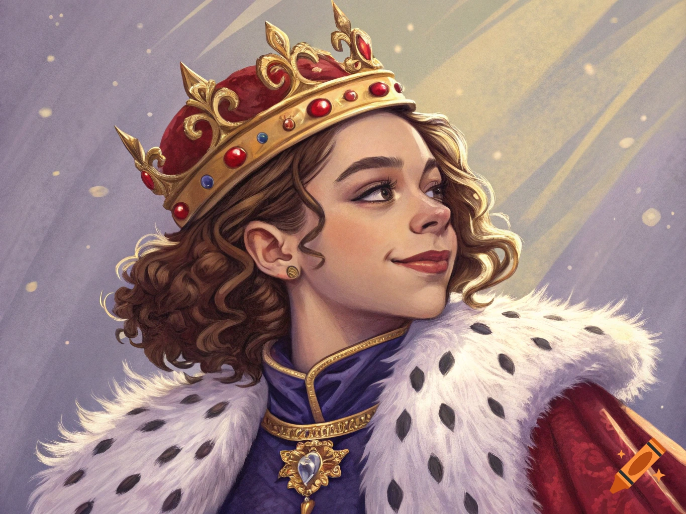 Close-up digital painting of a young woman wearing a crown and fur-trimmed robe