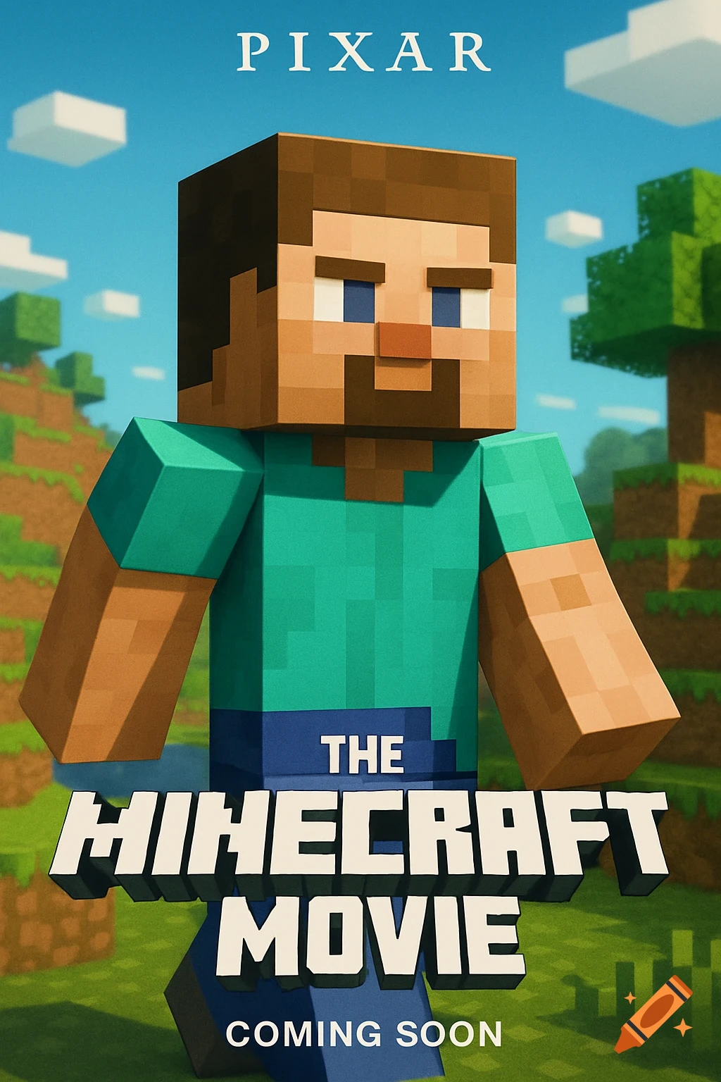 Blocky character resembling Steve from Minecraft stands on a grassy hill under a blue sky, designed as a movie poster. Text reads PIXAR THE MINECRAFT MOVIE COMING SOON.