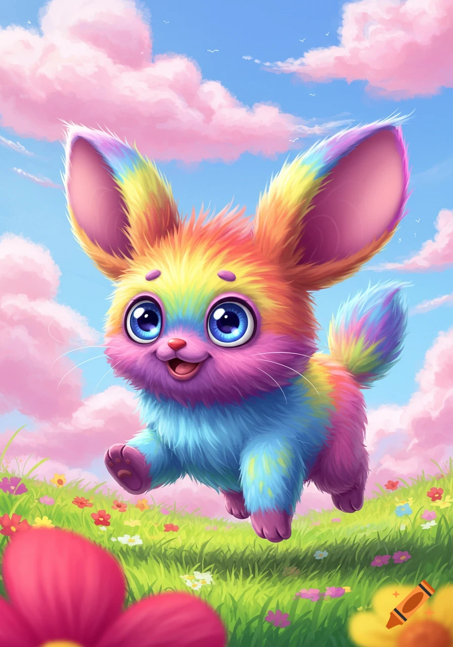 A cute, rainbow-colored fantasy creature with big ears runs through a flowery field.