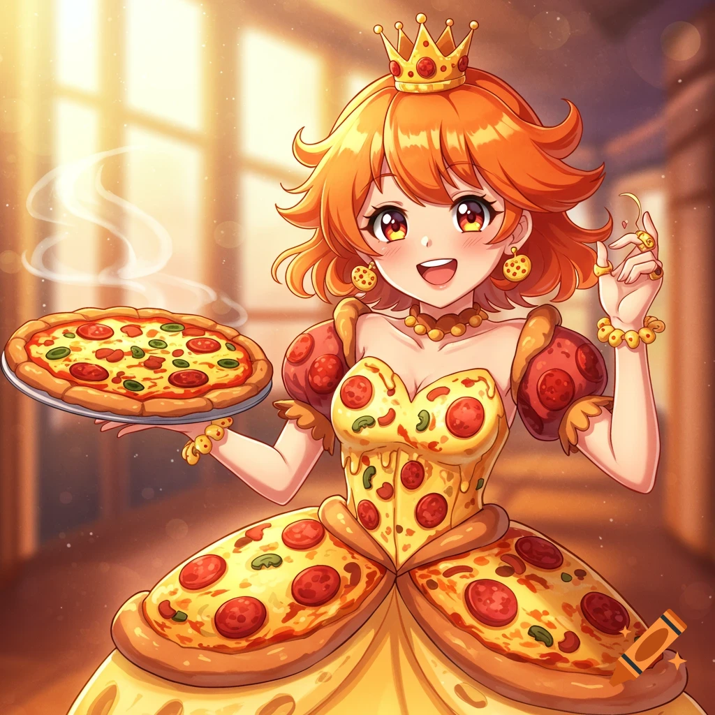 Anime princess in pizza dress and crown holds a pizza.