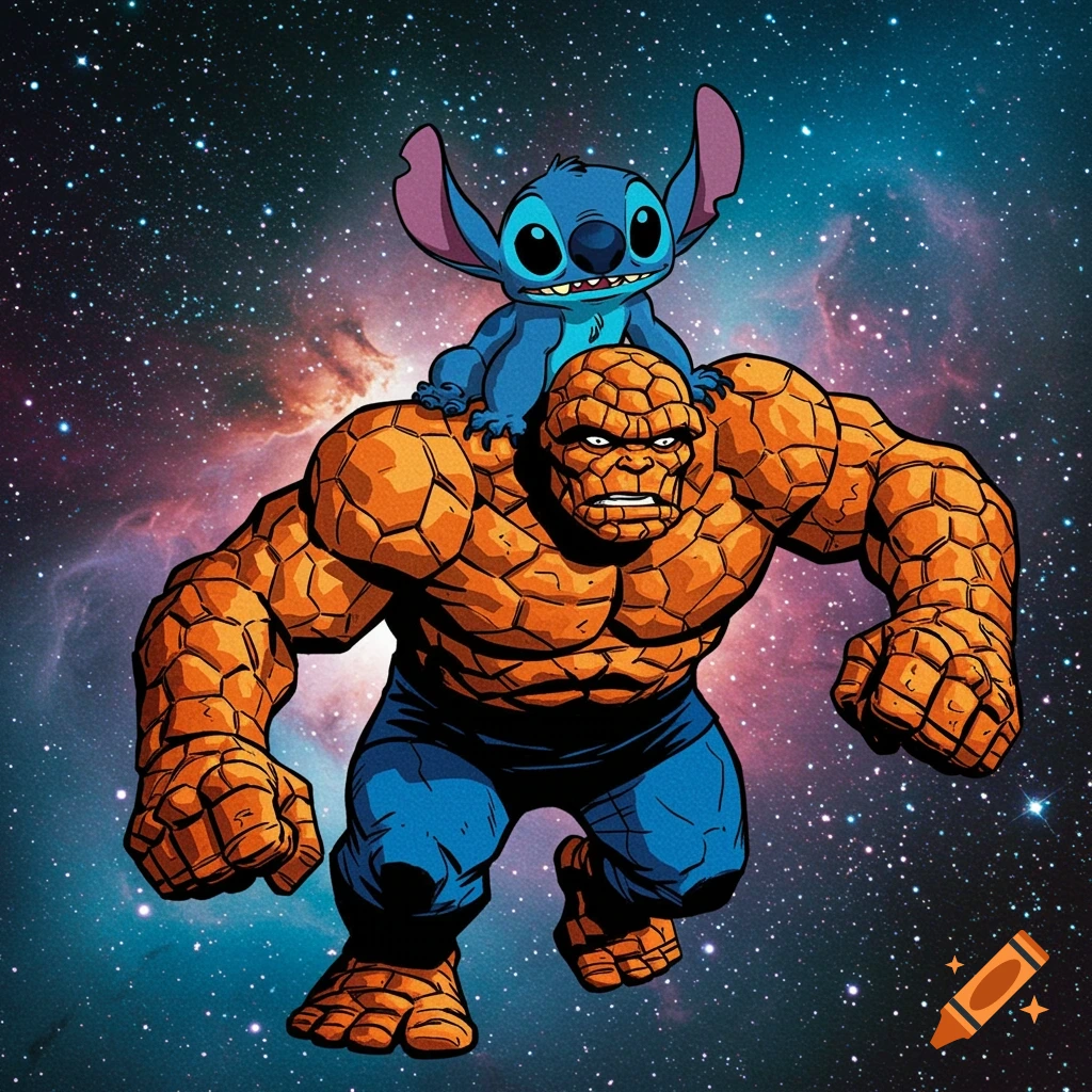 Stitch rides on the shoulders of The Thing in space in a comic book art style.