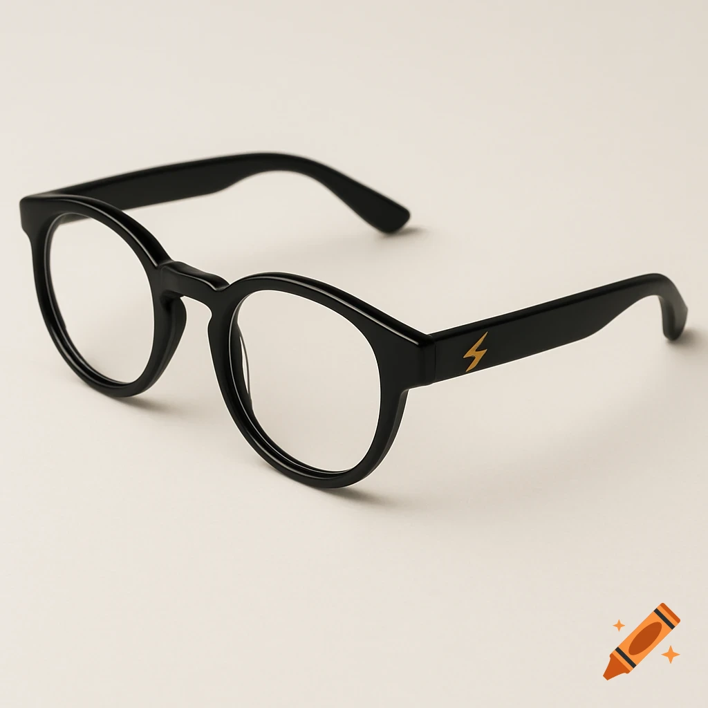 Black glasses with a gold lightning bolt symbol on the temple.