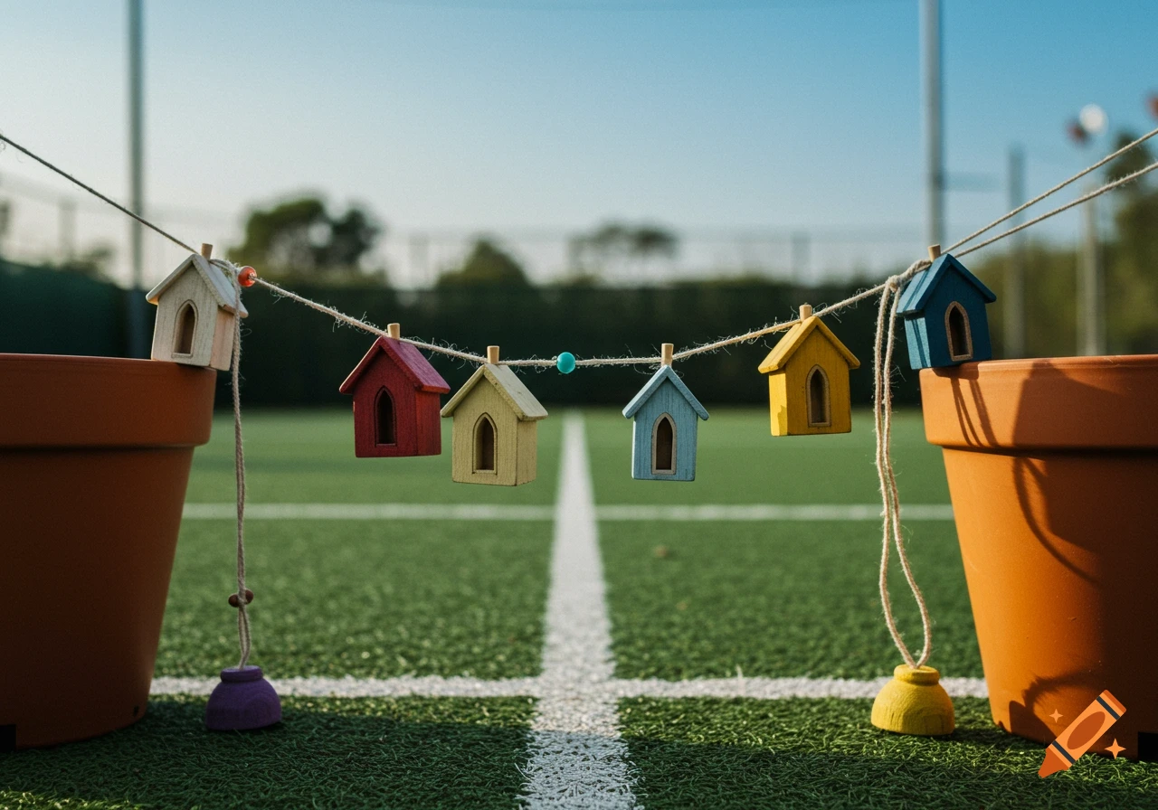 Small colorful birdhouses hang on a string over a tennis court.