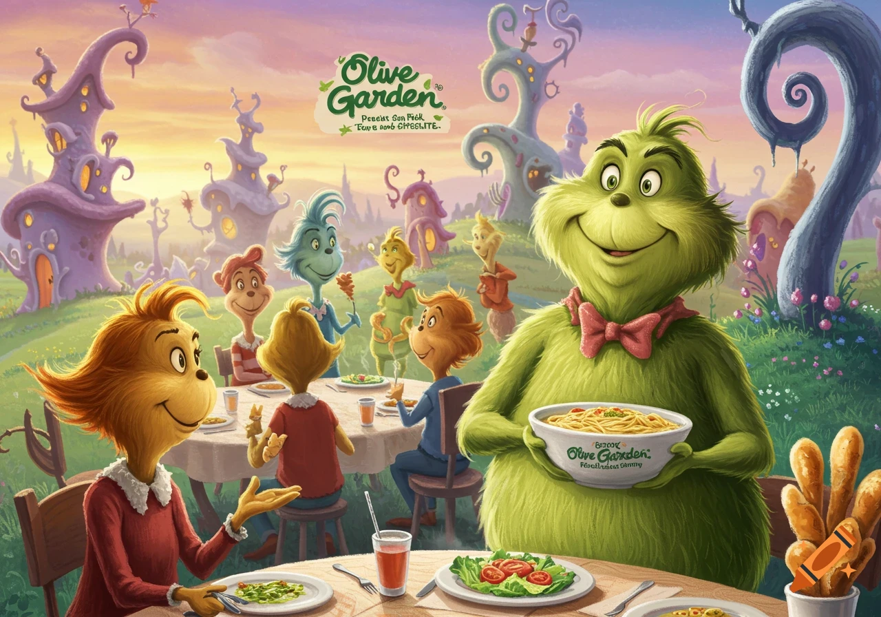 The Grinch and Whos characters have dinner at a table in a cartoon fantasy Whoville setting.