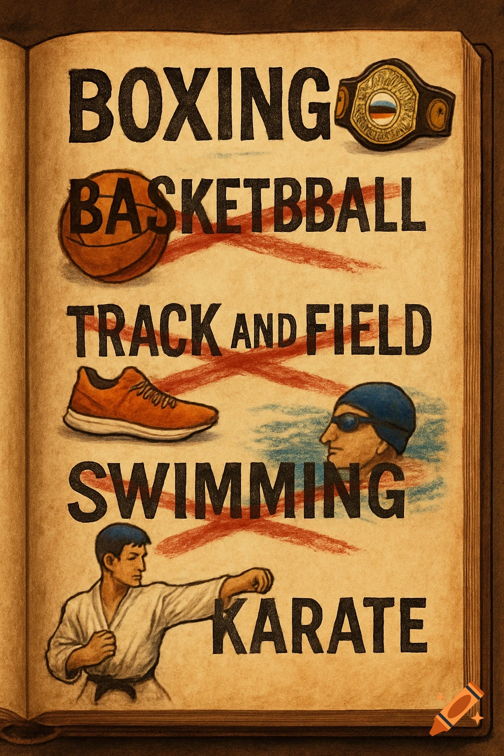 Drawing of a book page listing sports: BOXING (with belt), BASKETBBALL, TRACK and FIELD (with shoe), SWIMMING (with swimmer), KARATE (with person). Some are crossed out.