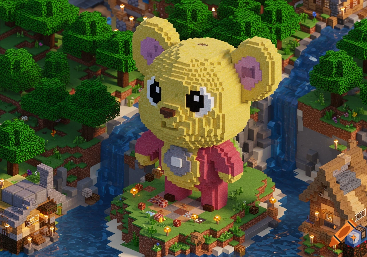 Minecraft-style render of a large blocky yellow bear statue in a detailed world with trees, water, and buildings.