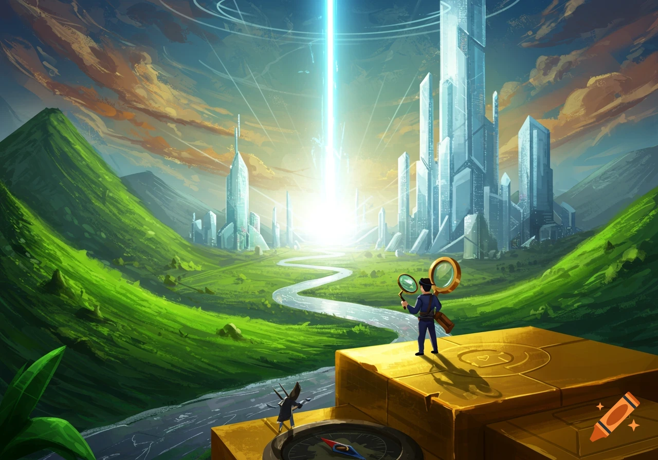 An illustration of a person with magnifying glasses on a golden block overlooking a futuristic city in a green valley under a bright light beam.