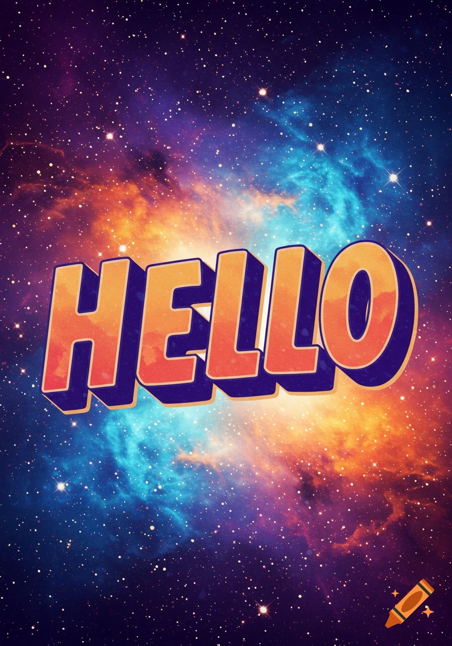 The word HELLO in orange and blue 3D letters against a starry space background.