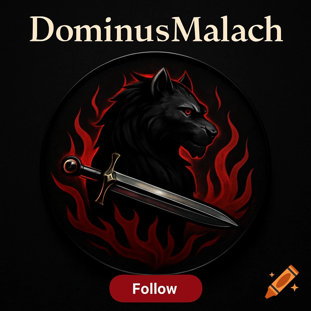 Icon of a black wolf head, sword, red flames with 'DominusMalach' and 'Follow' text.