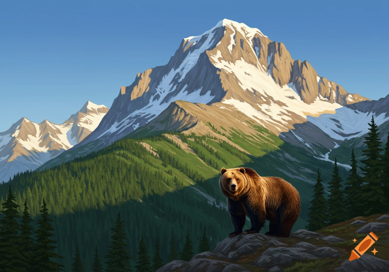 A brown bear stands on rocks in front of large, snow-capped mountains and a forest, painted in a realistic style.