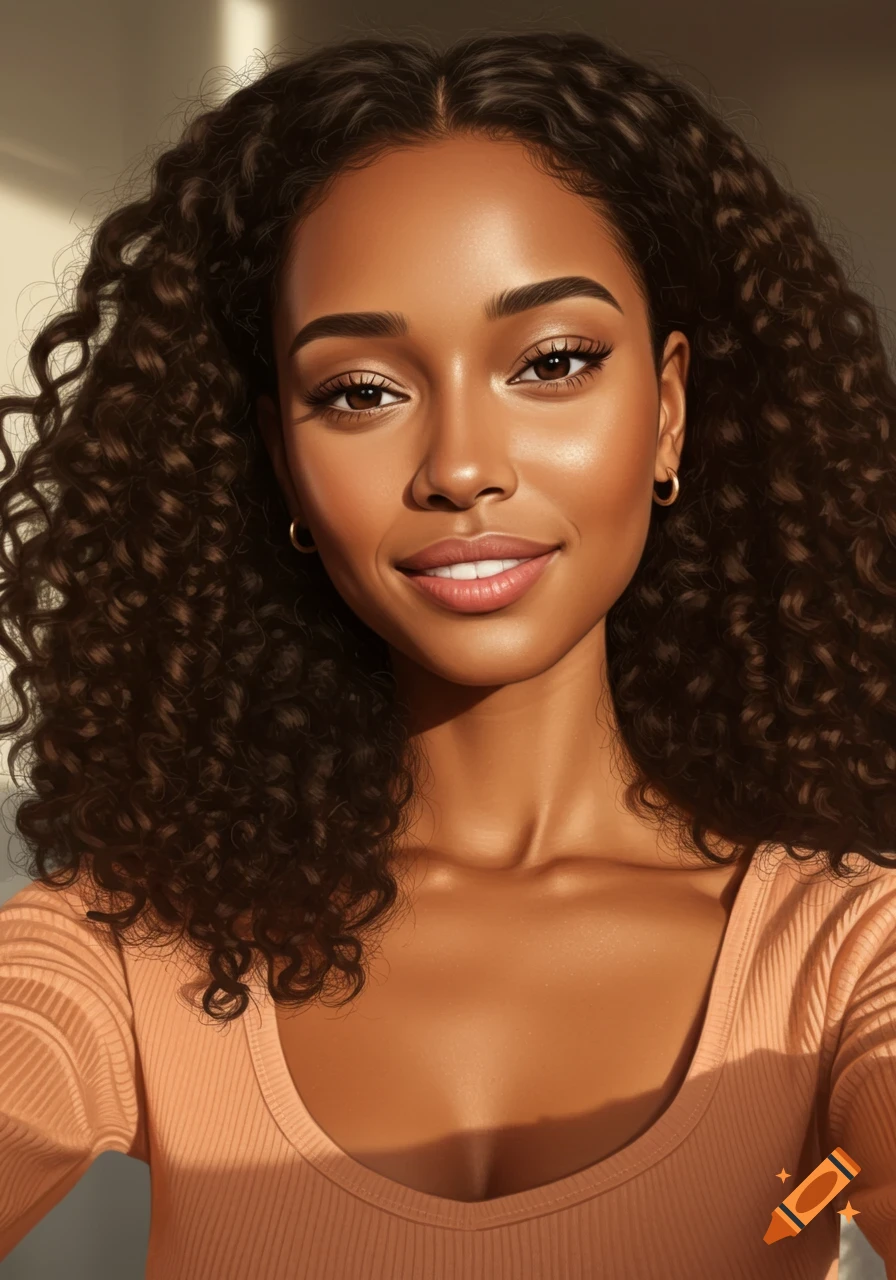 A woman with brown skin and curly hair takes a selfie in warm light.