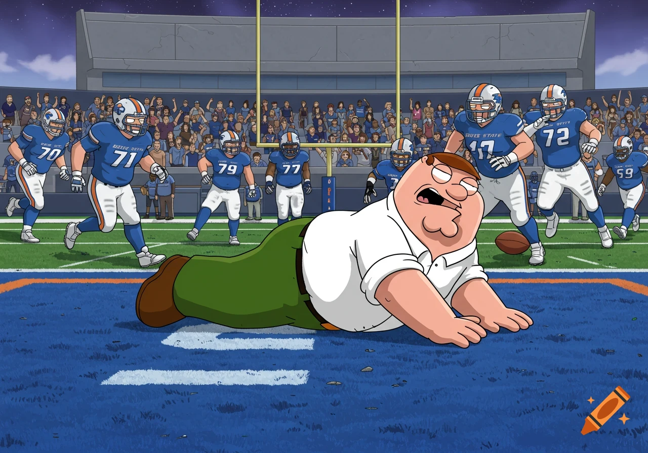 Cartoon image of Peter Griffin lying on a blue football field with football players in a stadium.
