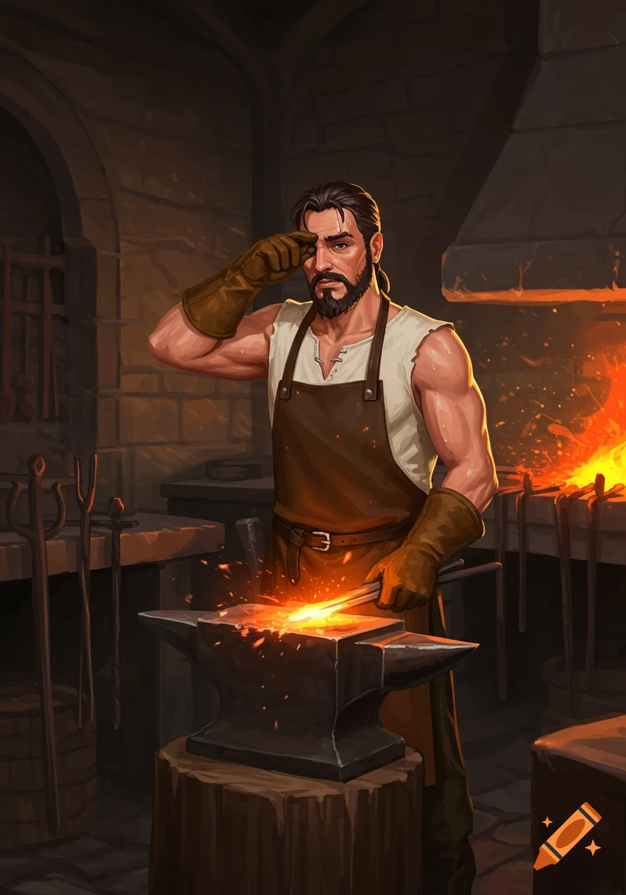 Illustration of a male blacksmith wiping sweat from his brow while forging metal at an anvil in a fantasy forge.
