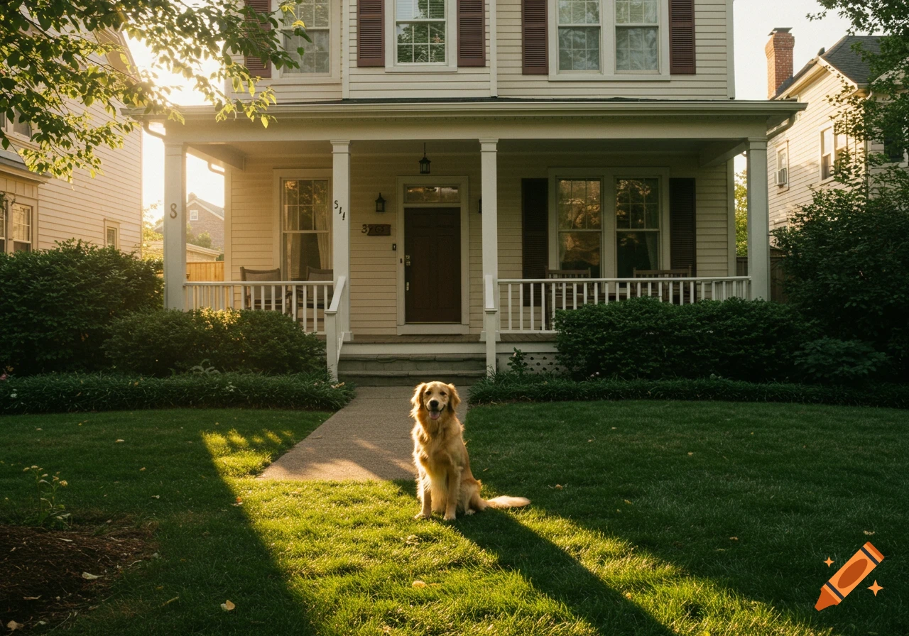 A golden retriever dog sits on the grass in front of a suburban house with a porch on a sunny day.