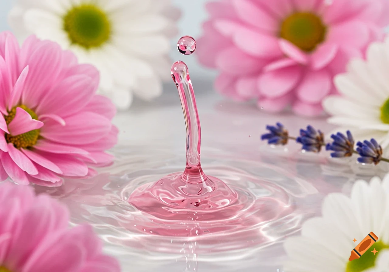Pink liquid splashing in water surrounded by pink and white flowers.
